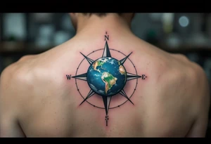 A small detailed Earth in rich cobalt and forest green floats inside a fine black geometric compass. tattoo idea