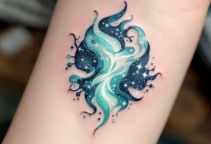 The Libra symbol in soft pastel green shines below a swirling galaxy that reveals the star constellation in white ink. tattoo idea