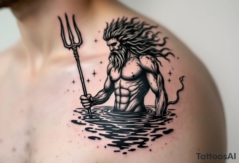 poseidon with trident half way in calm water tattoo idea