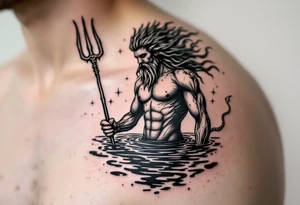 poseidon with trident half way in calm water tattoo idea