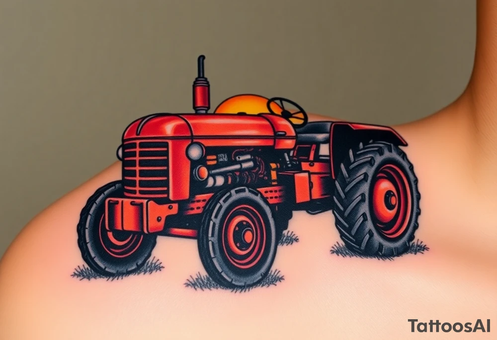 A vintage red tractor with rusted metal details, parked under a warm sunset, evoking nostalgia and hard work tattoo idea