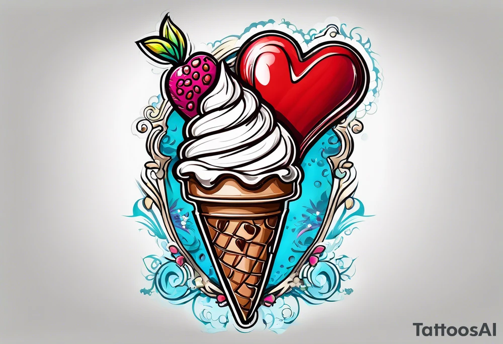 sketch chocolate chip ice cream cone with one red heart tattoo idea