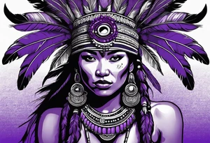 native woman female warrior with quiver on her back. she is wearing bead headband. she is sitting on a purple buffalo, the buffalo is standing up, standing still tattoo idea