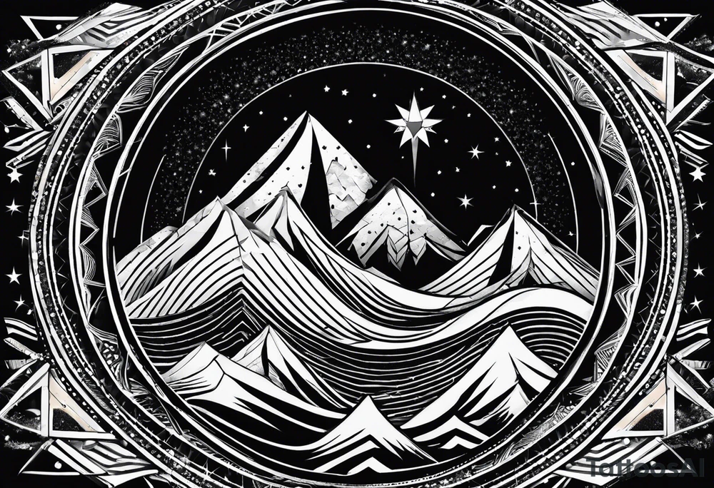 Mountain Massif, one Peak, only peak surrounded woth semi circle dashed Line, in semi circle two littel fine Stars, waves overlapping in Side, Open geometrical Forms Like Diamond with Open lines tattoo idea