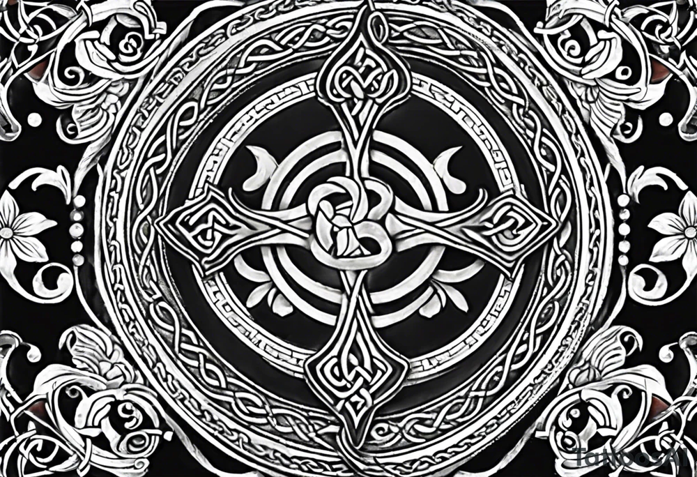 Celtic styling, anchor, compass, bass clef note, treble clef note, dog paw print, half sleeve, forearm tattoo idea