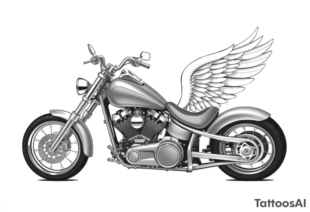 Low rider grey motorcycle, big muffler pipes with flames, angel wings, driving away, no person tattoo idea