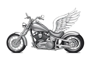 Low rider grey motorcycle, big muffler pipes with flames, angel wings, driving away, no person tattoo idea