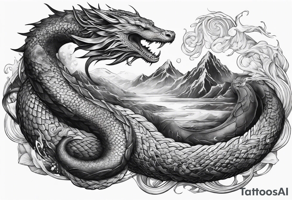 Jormungandr wrapped around Yggdrasil with water enveloping tattoo idea