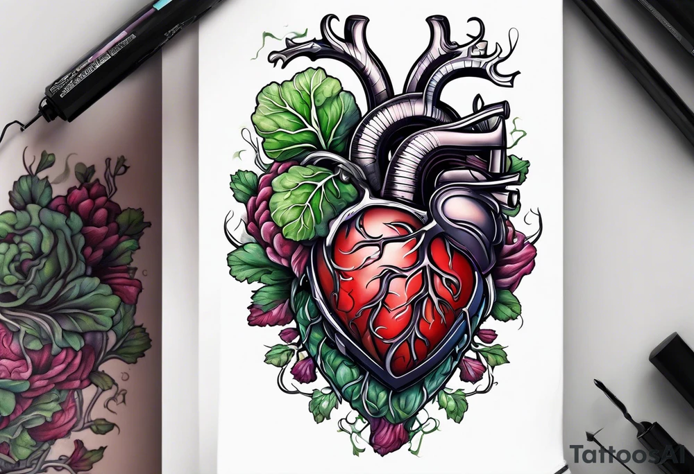 Manly Human heart intertwined with cabbage leaved tattoo idea