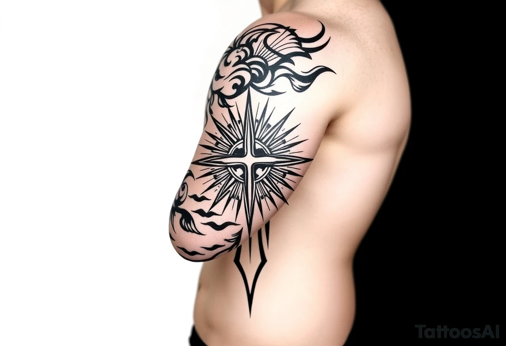Half sleeve. powerful, cloud, cross, sun rays tattoo idea