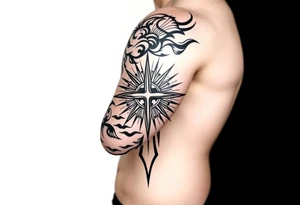 Half sleeve. powerful, cloud, cross, sun rays tattoo idea