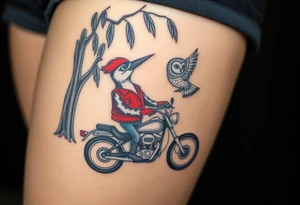 Woody the woodpecker wearing a leather vest that says peckerwoods, on a Harley Davidson under a willow tree, gazing in love at a barn owl tattoo idea