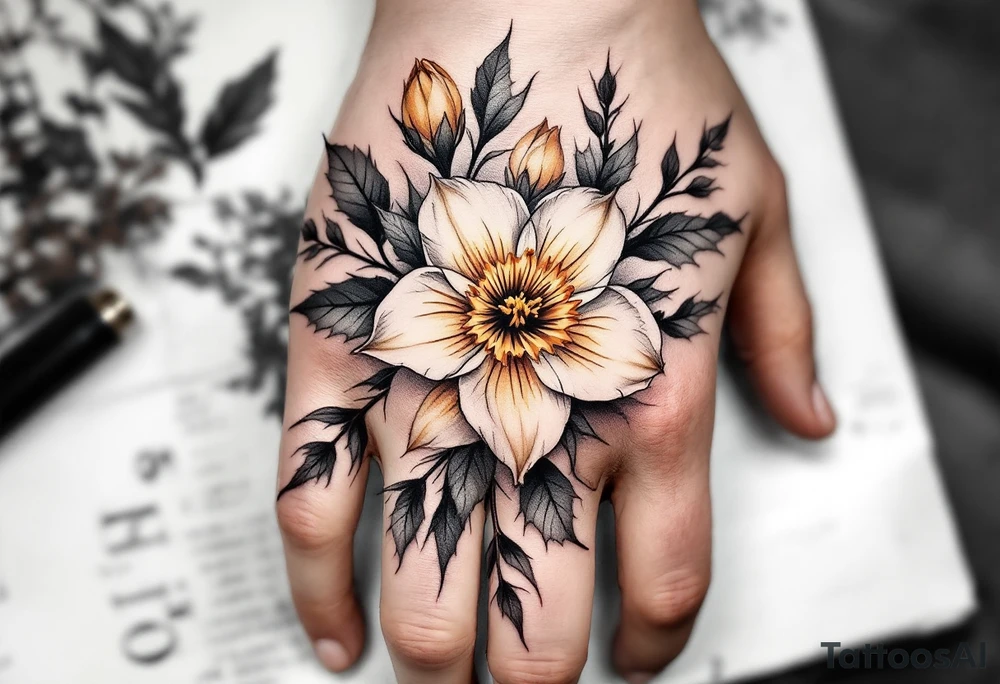 narcissus flowers and holly tattoo idea