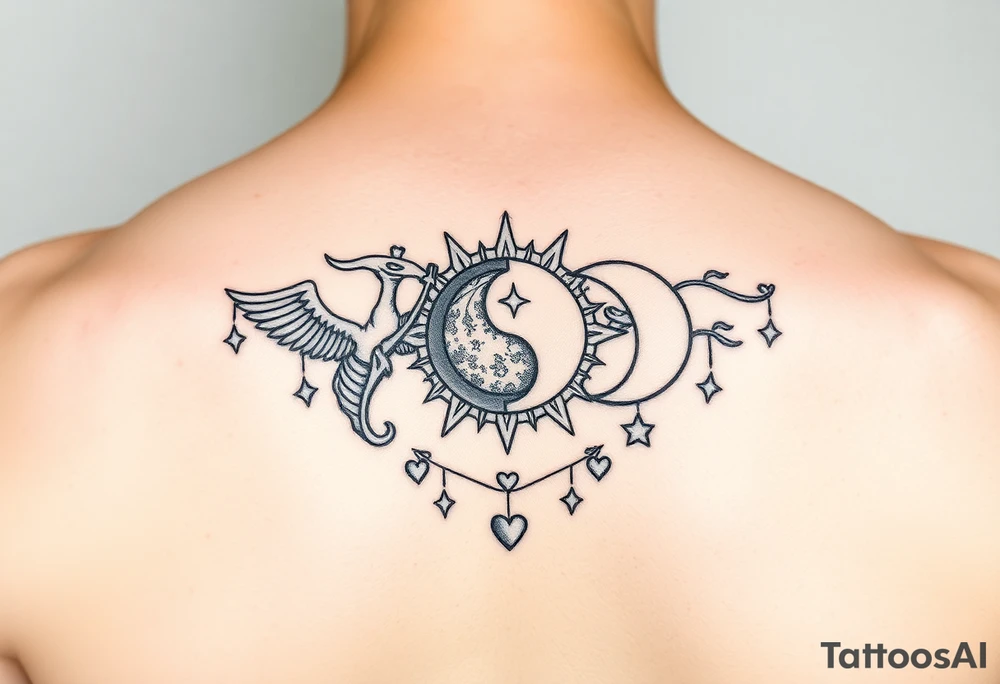 Gemini, sagittarius, yin and yang, sun and moon, with stars, and hearts tattoo idea