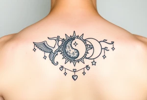 Gemini, sagittarius, yin and yang, sun and moon, with stars, and hearts tattoo idea