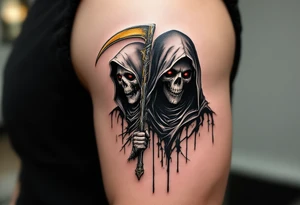 A twin Reaper design, one in all-white with a golden scythe and the other in all-black with red eyes. tattoo idea