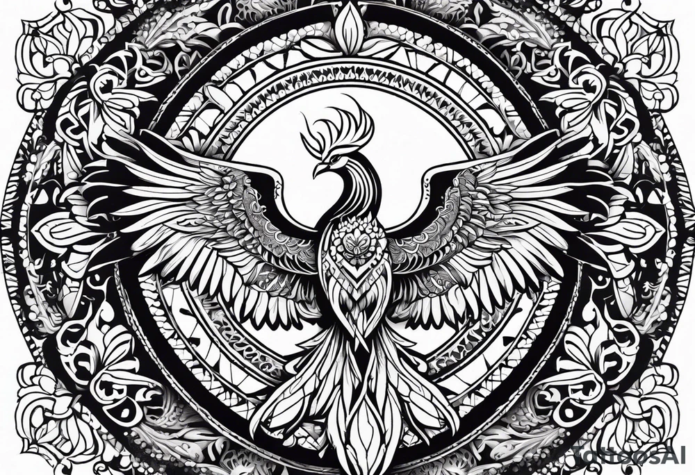 Tribal bohemian feminine impowering Phoenix rising with smoke, mandala sun, floral, lace background tattoo idea