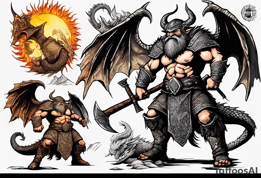 dwarven warrior with a war axe fighting against a dragon in the mountains as the sun is rising tattoo idea