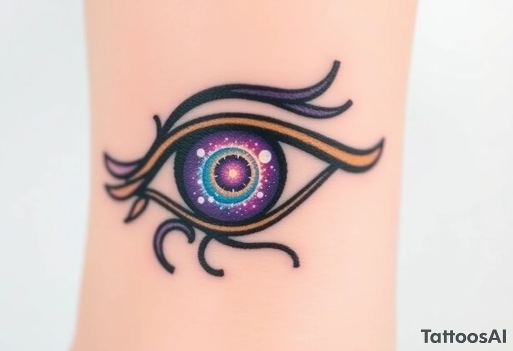 Eye of Horus with a cosmic galaxy inside the iris, swirling in shades of purple, blue, and gold tattoo idea