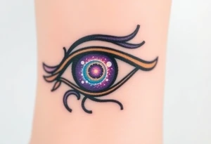 Eye of Horus with a cosmic galaxy inside the iris, swirling in shades of purple, blue, and gold tattoo idea