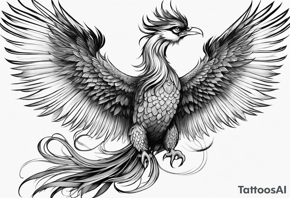 asian elegant long feathered phoenix
with a long neck, with no wings, graceful tattoo idea
