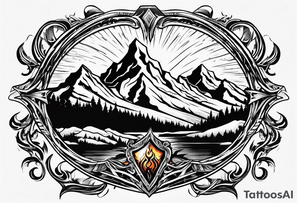 A flaming shield adorned with a mountain tattoo idea