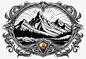 A flaming shield adorned with a mountain tattoo idea