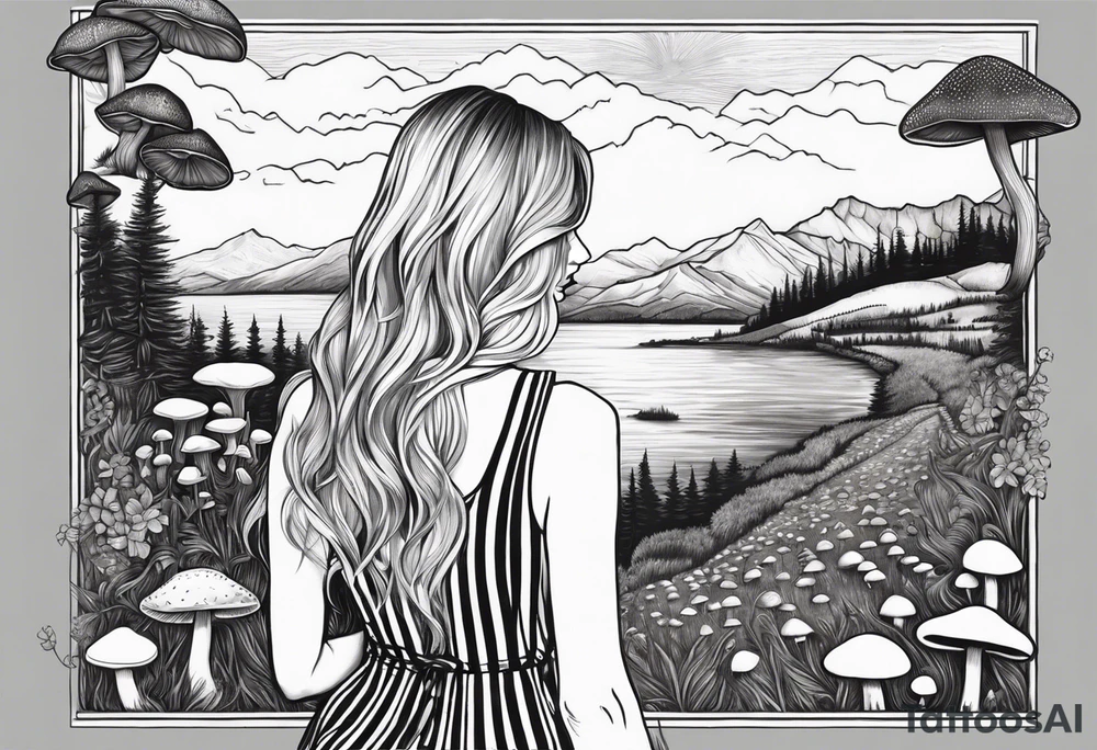 Straight long blonde hair girl in distance holding mushrooms in hand facing away toward mountains surrounded by mushrooms black and white striped dress tattoo idea
