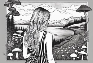 Straight long blonde hair girl in distance holding mushrooms in hand facing away toward mountains surrounded by mushrooms black and white striped dress tattoo idea