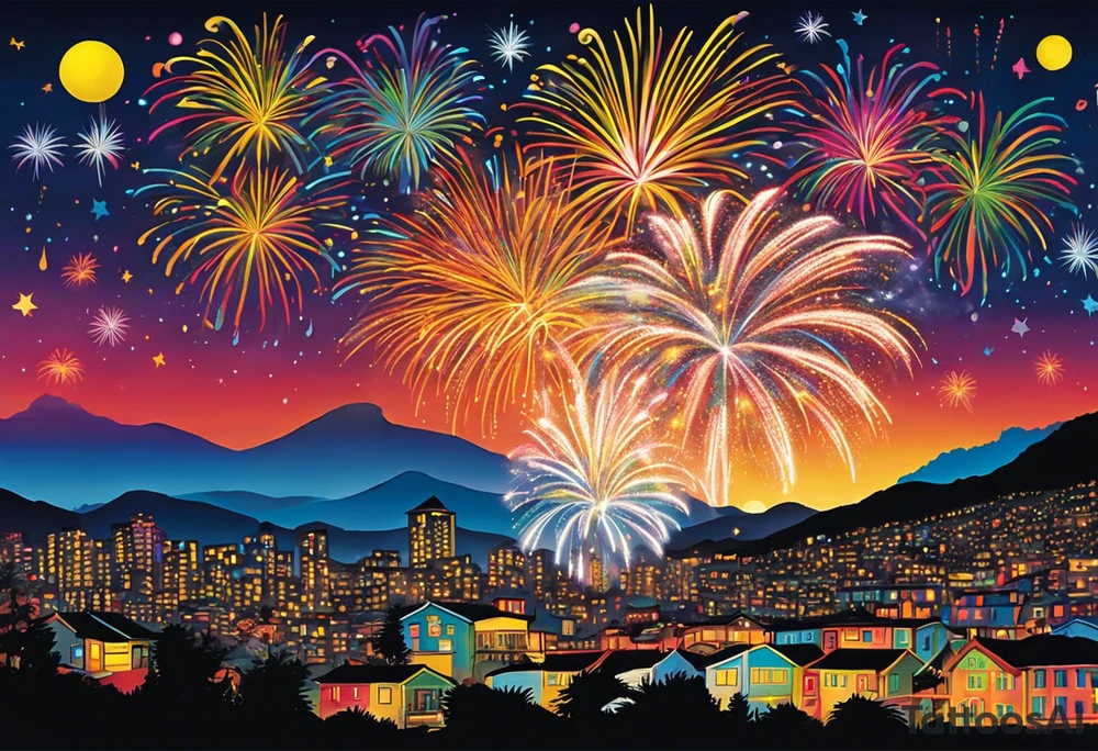 Fireworks burst across the night sky, surrounded by glowing candles and stars, capturing the magic and nostalgia of Colombian December nights. The scene is vibrant with multi-colored lights and an air of celebration. Soft linework mist or halos around the fireworks adds a magical, dreamy quality to the scene. The tattoo reflects joy and tradition, with an emphasis on warmth and festivity. tattoo idea