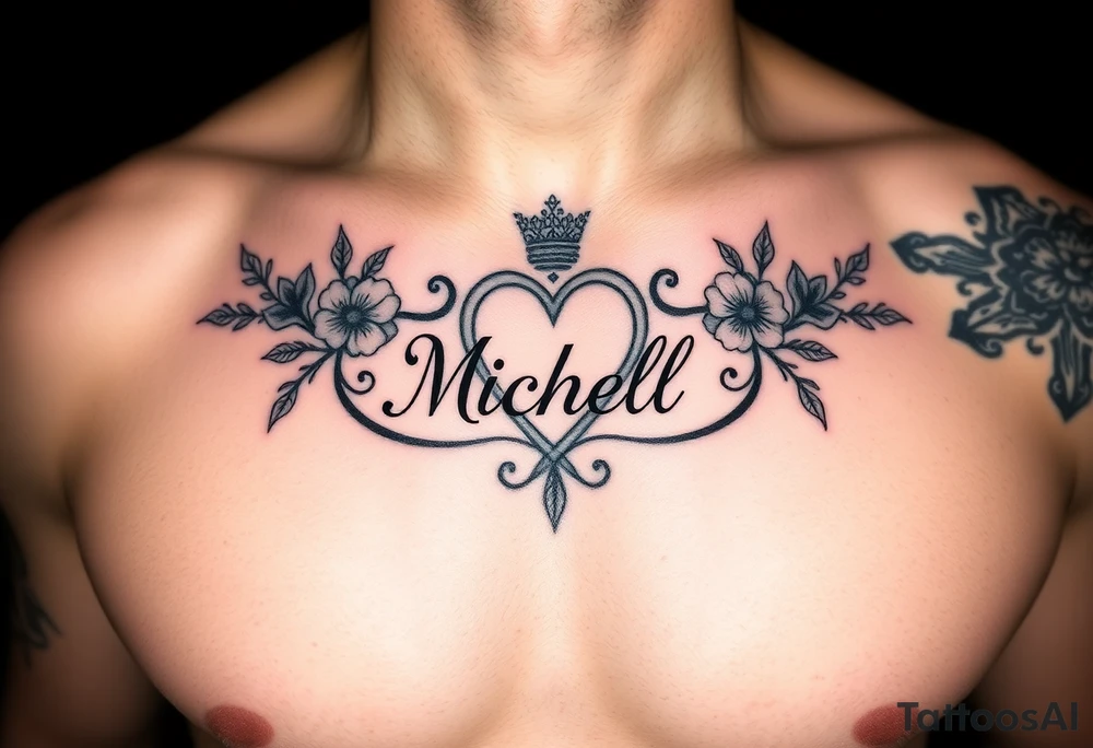 Design a tattoo for a man’s chest of a woman’s name (Michelle). Incorporate a subtle Irish Claddagh. Have the name Michelle separate to the heart. Make the tattoo tasteful and elegant. Incorporate Irish wildflowers tattoo idea