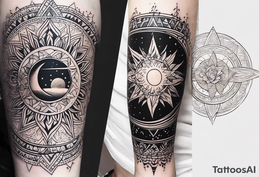 down the outside of the arm starting with a 3d solar representation of 10/01/2011, linear down to a rice grain representation, stylized sun with L.A.R hidden in it, a mischievous pixie or sprite with E.J.R hidden it in tattoo idea