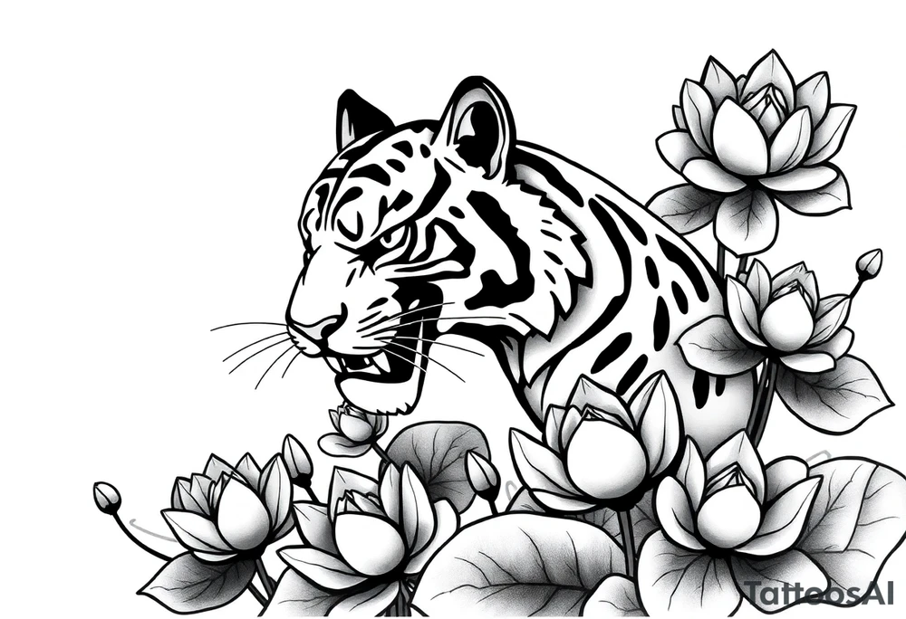 fierce tiger emerging through blooming lotus flowers in mist tattoo idea