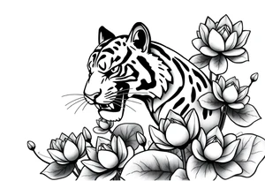 fierce tiger emerging through blooming lotus flowers in mist tattoo idea