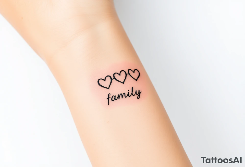 A minimalist infinity symbol with three hearts above including word "family" tattoo idea