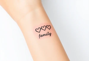 A minimalist infinity symbol with three hearts above including word "family" tattoo idea