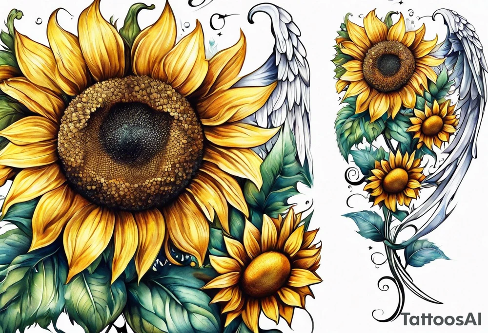Sunflowers and angel wings leg sleeve tattoo idea
