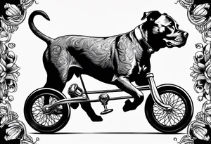 Pittbull wearing a topcoat riding a tricycle tattoo idea