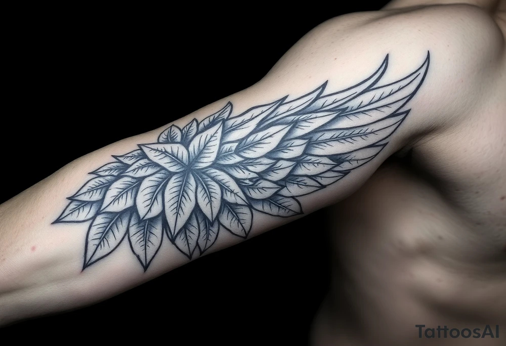 Forearm sleeve tattoo including details of a few jungle leafs,Bold and powerful Puerto Rican tribal theme, wing with 100 dollar patterns in it tattoo idea