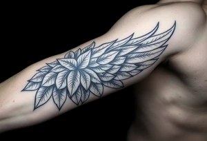 Forearm sleeve tattoo including details of a few jungle leafs,Bold and powerful Puerto Rican tribal theme, wing with 100 dollar patterns in it tattoo idea