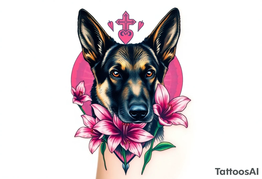 realistic german shepherd with alert ears looking protective with pink lilies in front of a sacred heart tattoo idea