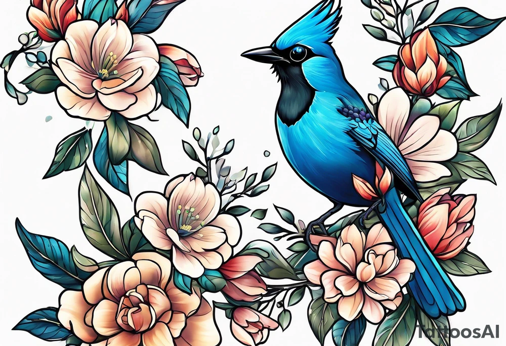 Steller’s Jay bird with flowers tattoo idea