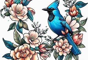 Steller’s Jay bird with flowers tattoo idea