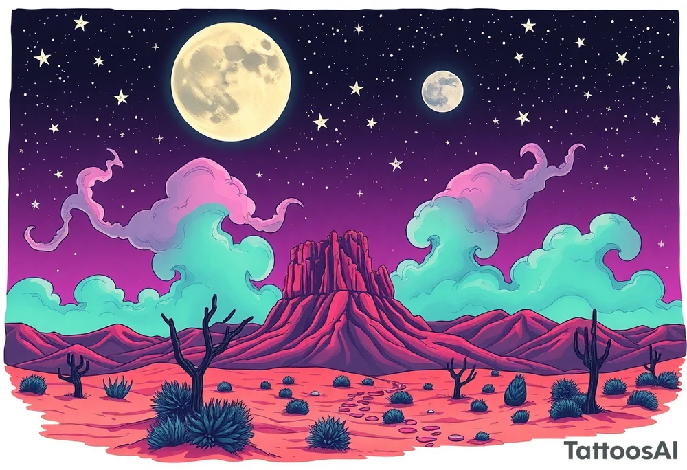 Tim Burton’s nevada new mexico desert  and dripping with muted reds, dusty pinks, and eerie green glow purple and cyan smokey clouds swirl and dance in the moonlit night sky filled with twinkling stars  tattoo idea tattoo idea