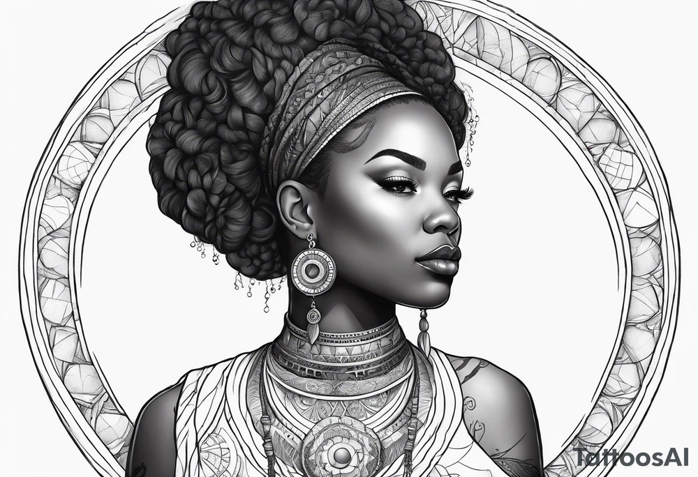 Black woman, enlightenment, wisdom, astronomy, cancer zodiac, natural, full arm tattoo idea