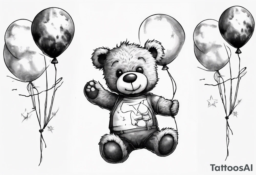 Scruffy teddy bear holding on to balloons and wearing a T-shirt going up to the sky tattoo idea