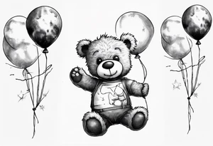 Scruffy teddy bear holding on to balloons and wearing a T-shirt going up to the sky tattoo idea