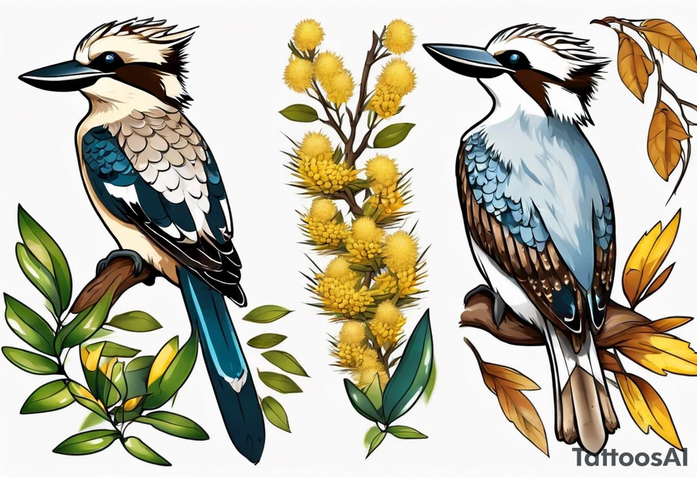 kookaburra sitting on wattle leaves tattoo idea