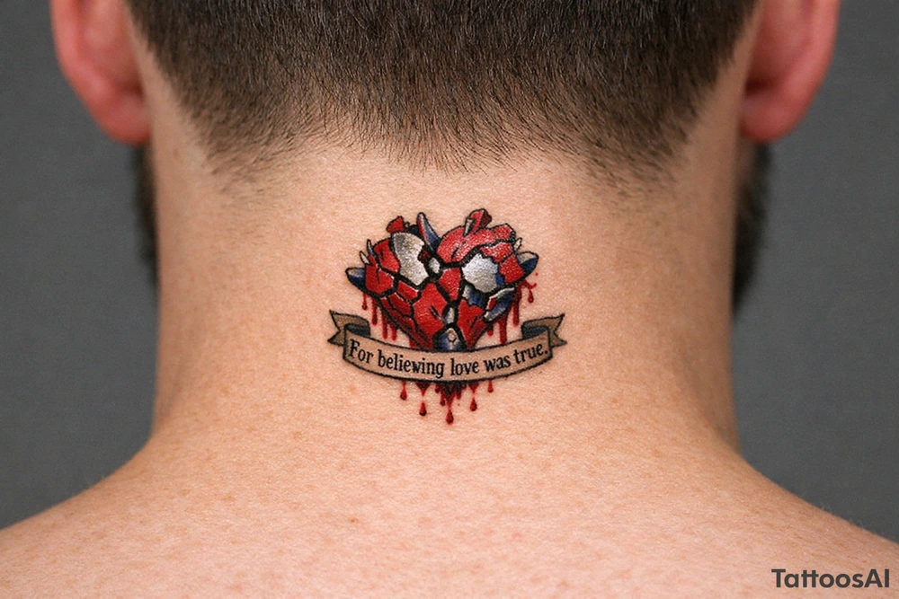 Fragmented anatomical heart broken and bleeding. “For believing love was true” tattoo idea