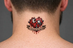 Fragmented anatomical heart broken and bleeding. “For believing love was true” tattoo idea